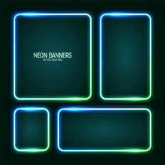 Glowing neon banners, illuminated colorful square frames. Shiny vibrant border, glow effect. Azure vintage retro lights, night illumination. Modern futuristic UI design elements. Vector illustration