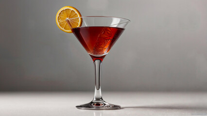 Red cocktail with orange in a martini glass on simple background