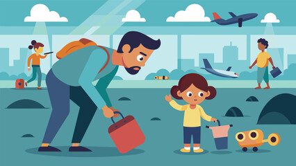 In the depths of a bustling airport a concerned parent frantically retraced their steps in search of their childs lost toy. Thankfully they were able to find it ast the sea of. Vector illustration