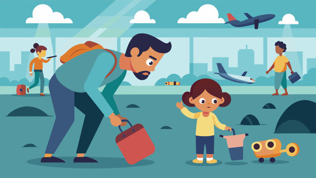 In the depths of a bustling airport a concerned parent frantically retraced their steps in search of their childs lost toy. Thankfully they were able to find it ast the sea of. Vector illustration