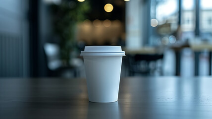 a minimal style of black coffee in a plain white colour paper cup with a blurred background