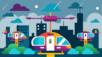 Against the backdrop of a grey and cloudy sky the electric air taxis stood out with their vibrant colors and futuristic designs a symbol of progress and innovation in the rainy. Vector illustration