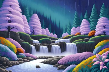 Obraz premium Beautiful and Peaceful Nature Scenery Illustration, Landscape, Countryside, Tranquil, Vibrant and Colorful