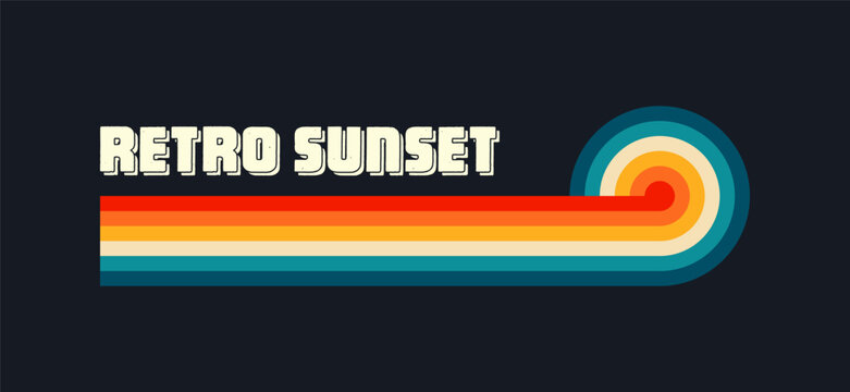 Vintage sunset collection. Various colorful striped sunrise badges in 80s and 90s style. Sun and ocean view, summer vibes, surfing. Design element for print, logo or t-shirt. Vector illustration