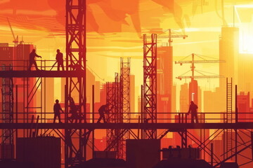 Labor Day, workers are working with building background