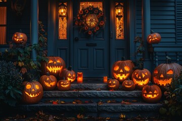halloween decorations of jack-o-lanterns with spooky faces on porch offer a festive touch, perfect for setting a spooky scene