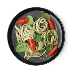 Tasty pasta with spinach, sauce and tomatoes isolated on white, top view