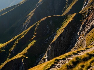 Mountain with steep, terraced cliffs, layered and dramatic, natural steps, geological marvel , generative AI