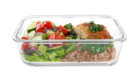 Healthy meal. Cutlet, buckwheat and salad in container isolated on white