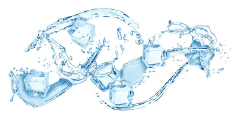 Ice cubes and splashing water in air on white background