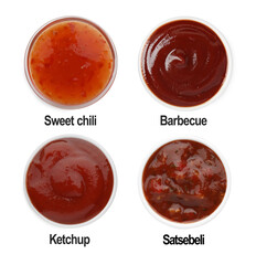 Set of different sauces in bowls and names isolated on white, top view