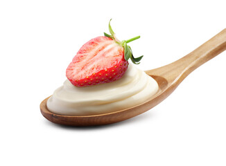 Spoon with delicious yogurt and strawberry isolated on white