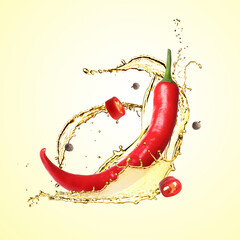Splash of cooking oil, chili pepper and peppercorns on beige background