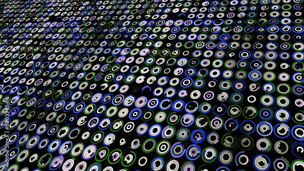 Poster abstract field of small same size loading rings. animation. digital background with small icons, con
