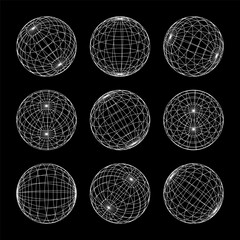 Wireframe shapes, lined sphere. Perspective mesh, 3d grid. Low poly geometric elements. Retro futuristic design elements, y2k, vaporwave and synthwave style. Vector illustration