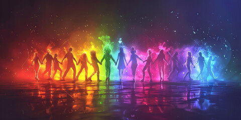 Inclusivity (Rainbow Colors): A circle of diverse figures holding hands, symbolizing inclusivity and diversity in Gen Z protests.