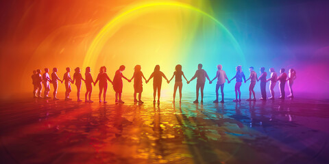 Inclusivity (Rainbow Colors): A circle of diverse figures holding hands, symbolizing inclusivity and diversity in Gen Z protests.