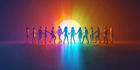 Naklejka premium Inclusivity (Rainbow Colors): A circle of diverse figures holding hands, symbolizing inclusivity and diversity in Gen Z protests.