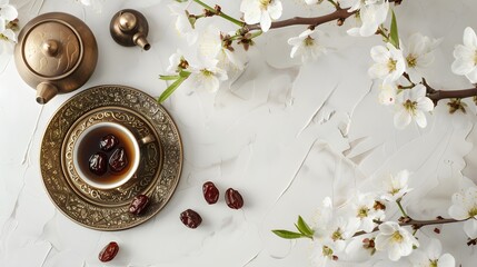 about Ramadan Kareem greeting card, invitation. Ornamental tea, coffee cup, bronze plate with dates fruit, white blooming prunus tree branch on white table. Iftar dinner. Eid ul Adha banner background