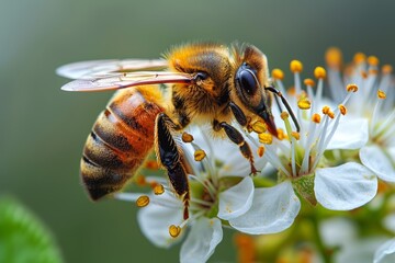 Fototapeta premium Close-up view of a honeybee collecting pollen from a white blossom flower on a sunny day, showcasing the intricate details of the bee and the flower