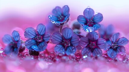 A captivating close-up photograph of delicate purple flowers covered in dew drops, set against a vibrant pink background, showcasing nature's intricate beauty