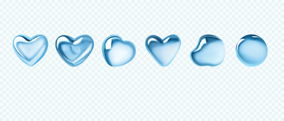 Set of 3D liquid elements in top view. Vector illustration of heart shaped and abstract water drops isolated on transparent backdrop