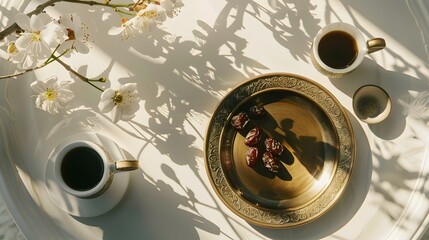 about Ramadan Kareem greeting card, invitation. Ornamental tea, coffee cup, bronze plate with dates fruit, white blooming prunus tree branch on white table. Iftar dinner. Eid ul Adha banner background