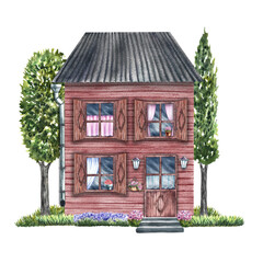 An old village house. A fabulous two-storey wooden house in vintage style, surrounded by trees and grass. The watercolor illustration is made by hand. Highlight it. For prints, children's games.