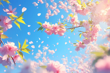 Cherry blossom in spring. Beautiful nature scene with blooming tree in sunny morning. Spring flowers and bright blue sky. Background for card or banner with copy space