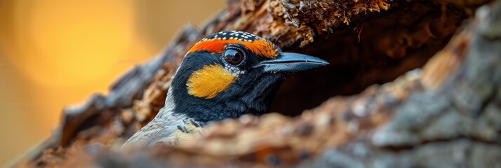 A close-up image of a vibrant, multicolored bird with intricate feather patterns seen peeking out from within a natural tree hole, highlighting the beauty of wildlife