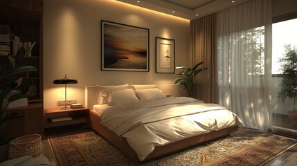 Minimalist bedroom interior with brown walls