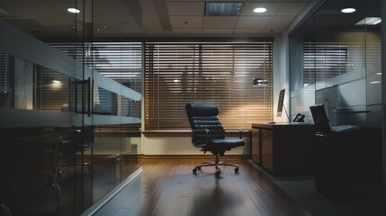 A modern, sleek office workspace with a leather chair, wooden blinds, and ambient lighting, showcasing a professional and contemporary office environment