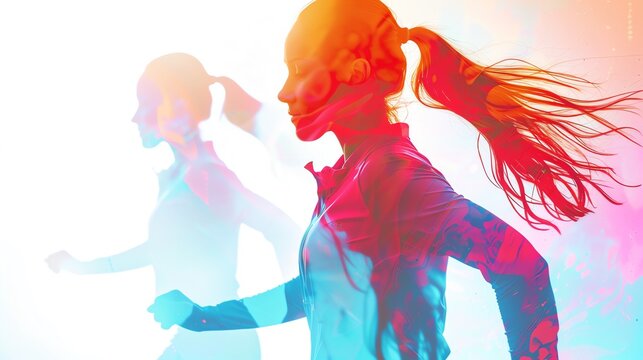 aerobics instructor in action close up, focus on, copy space bright vibrant colors Double exposure silhouette with dynamic background