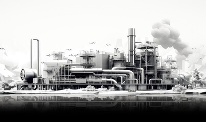Obraz premium Recycling facility layout, flat design, side view, sustainable infrastructure theme, animation, black and white
