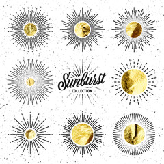 Vintage grunge sunburst sunset beams. Gold foil, shiny handmade circles. Golden glittering texture, pattern. Hand drawn bursting sun, light rays. Logotype, lettering, retro style. Vector illustration