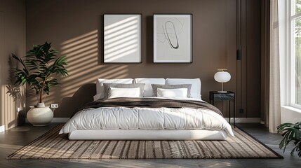 Bedroom with brown paint, paintings on the walls. Yellow bedroom lamp and white bed.