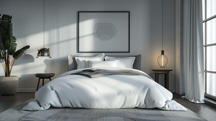 Bedroom interior with white walls, frame and night light.
