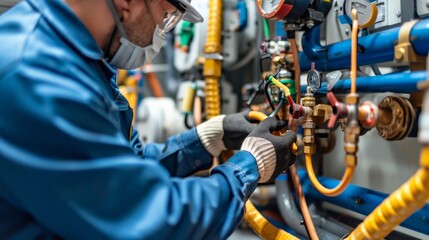 A man in a blue jacket is fixing a gas line