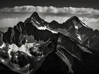 Mountain with jagged, sawtooth peaks, sharp and rugged, dramatic and imposing, alpine drama, generative AI