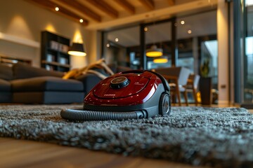 Red modern vacuum cleaner on a plush carpet in a luxurious living room with wooden beams, stylish furniture, and ambient lighting