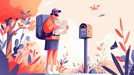 A cheerful courier stands in front of a post office holding a mail bag against a white backdrop This animated 2d illustration embodies the idea of swift mail delivery service exuding a sens