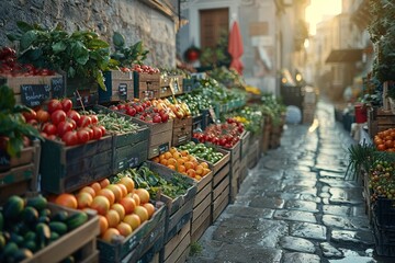 A serene and picturesque morning in a European village market with vibrant arrays of fresh fruits...