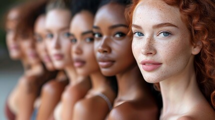 A diverse group of women standing in a diagonal line outdoors, showcasing a range of different skin tones, hair types, and facial features with a blurred background