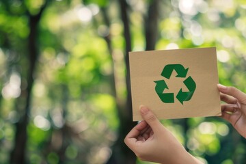 Hand Holding Recycle Symbol Card with Green Nature Background