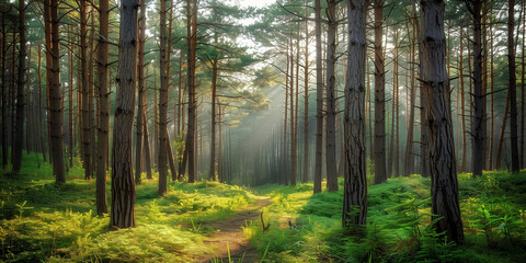 A dense pine forest with tall trees, sunlight filtering through the branches, and an opening showing grassy ground.