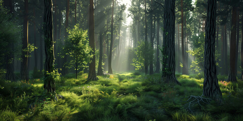 Obraz premium A dense pine forest with tall trees, sunlight filtering through the branches, and an opening showing grassy ground.