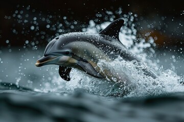 Fototapeta premium A dynamic and captivating image of a dolphin gracefully swimming through the ocean waves, showcasing its agility and beauty in the natural aquatic environment