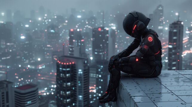 Sci-fi girl cyborg black armor suit sitting with futuristic skyscraper city building scene at night