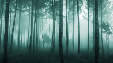 A forest of tall trees in the fog, white background