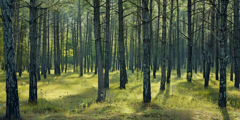 A dense pine forest with tall trees, sunlight filtering through the branches, and an opening showing grassy ground.